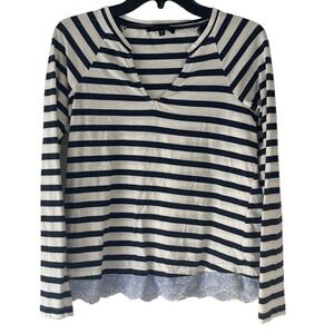 Sanctuary Women's Size‎ Small Striped Navy Cottage Long Sleeve Lace Hem Top
